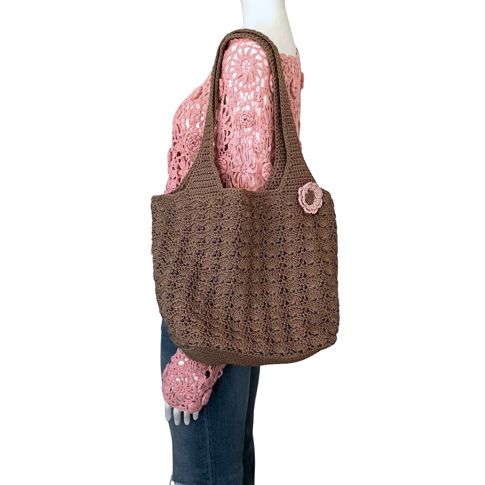 Y2K Brown Tan Knit Crochet Pink Flower Pin Large Shoulder Bag Tote Girlhoodcore - Picture 1 of 9